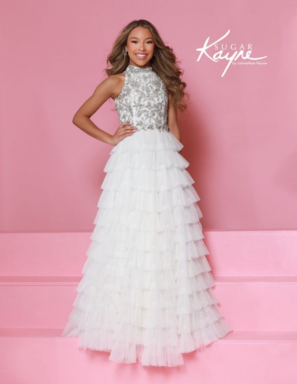 Childrens white high-neck beaded gown with layered tiered skirt, perfect for flower girls, little miss pageants, and first communion.